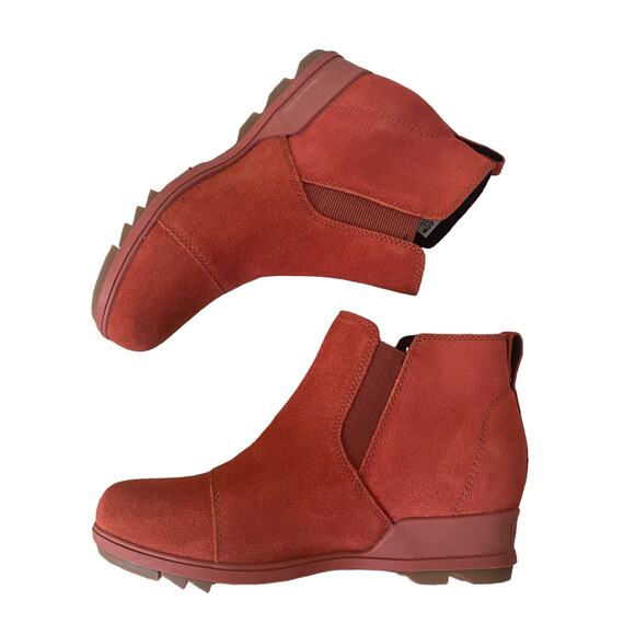SOREL Waterproof Suede Leather Evie Pull On Wedge Ankle Bootie WARP RED 9.5 - Picture 1 of 9
